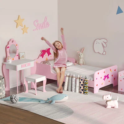 3PCs Kids Bedroom Furniture Set with Bed, Princess Themed for 3-6 Years Old Pink - Image 1 of 4