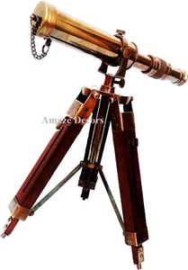  Antique Brass Telescope With Wooden Tripod Stand Collectible Desk Decor - Picture 1 of 4