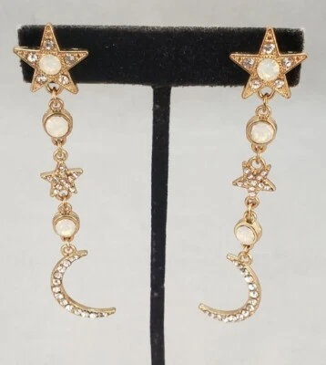 Pendientes largos de ópalo blanco imitación metal tono dorado estrás celestial estrellas luna Foto 1 de 4