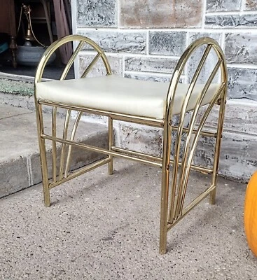 Vintage Mid Century Gold Brass Rosalco Commodore Vanity Accent Bench Foto 1 de 4