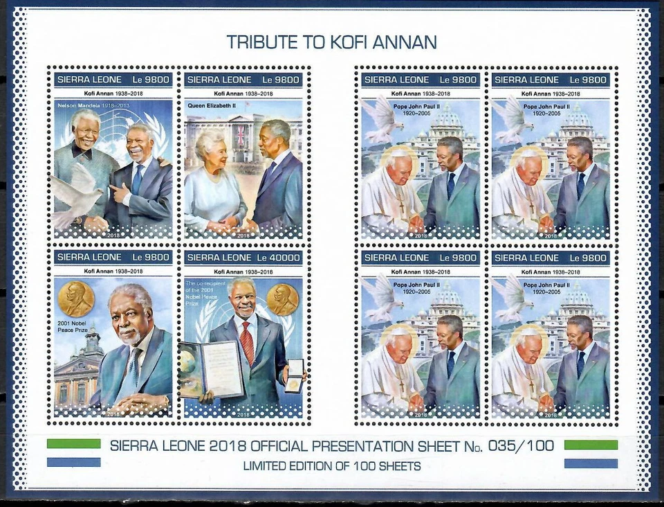 Kofi Annan, Papa Juan Pablo II 2018 Sierra Leona Hoja de presentación #SRL18919pp Foto 1 de 1