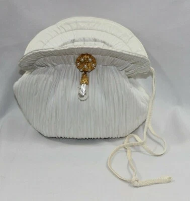 Sharif White Pleated Leather Clutch Evening Handbag Gold Tone Pearl Trim - Image 1 of 4