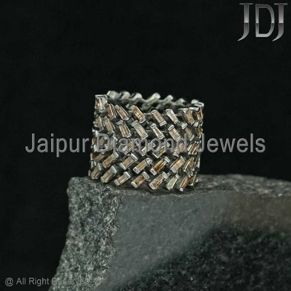 925 Silver Band Natural Baguette Diamond Ring Handmade Statement Jewelry Ring - Image 1 of 4