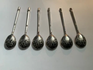 Antique 1899 Sterling Silver 84 Russian Niello Hand Chased 6 Spoons - Picture 1 of 7