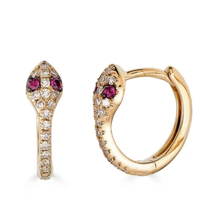 Natural Red Ruby & Moissanite Snake Hoop Earrings in Yellow Gold Plated Silver - Picture 1 of 5