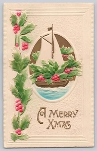 Postcard Christmas Greetings Embossed Boat - Picture 1 of 2