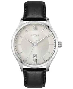 HUGO BOSS Men's Elite Black Leather Strap Watch 41mm - Silver - Picture 1 of 3
