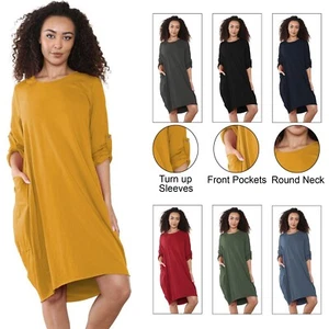 Damen Turn Up Ärmel Italienisches Lagenlook Baggy Kleid mit Taschen Oversize Midi - Bild 1 von 9