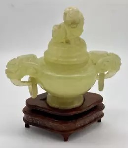 Antique Jade Chinese Censer Incense Burner w/ Foo Dog and Wooden Stand - Picture 1 of 9