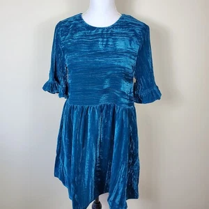 Melloday Womens Dress S Blue Textured Velvet Ruffle Sleeve Keyhole Back Mini New - Picture 1 of 9