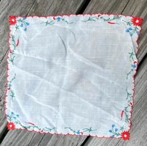 Pañuelo Vintage Bordado Floral Pañuelo Borde Crochet Rojo Azul 9.5" - Imagen 1 de 5