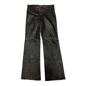 Leather King Leather Women's Motorcycle Pants Black with Brown Stitching Details - Foto 1 di 1
