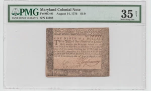 1776 Maryland Colonial 1/9 DÓLAR, FR# MD-91 - PMG GRADO 35 NETO - Imagen 1 de 2
