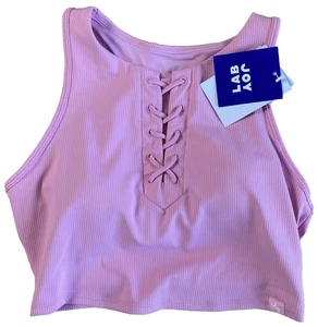JoyLab M Medium BonBon Pink Lace Detail Ribbed Cropped Sports Tank JL Activewear - Picture 1 of 14