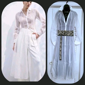 White Sexy & Soft Organza Button Down Long Sleeve Pleated Design Maxi Blouse M - Picture 1 of 24