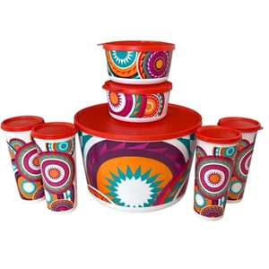 NUEVO Tupperware Mayan Sunrise Native Collection Set Cuencos Tazas y Tapas Palomitas de Maíz - Imagen 1 de 17