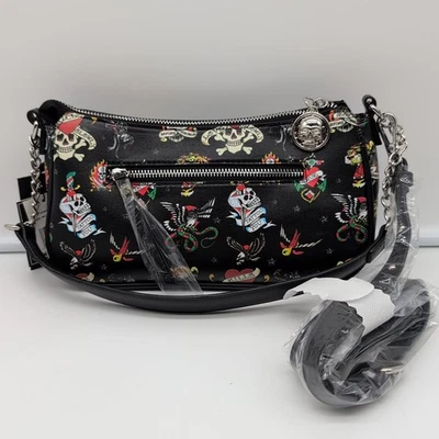 Ed Hardy NWT Black Shoulder Bag Crossbody Logo Tattoo Print Small Pleather Purse - Image 1 of 4
