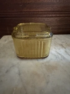 Vintage Federal Glass Amber Golden Yellow 4" Square Refrigerator Dish with Lid - Picture 1 of 6
