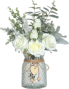 Faux Flowers with Vase,Artificial Silk Roses in Vase, Fake Plant Eucalyptus Flow - Picture 1 of 12