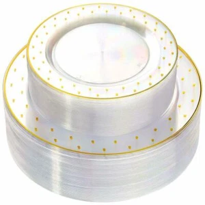 Gold Plastic Plates - Clear with Dot Design Crystal Disposable Party Set 102 PCS - Picture 1 of 6