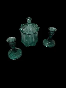 Vtg Fenton Vulcan Sea Mist Green Glass Candy Dish W Lid 2 Candlestick Holders.  - Picture 1 of 6