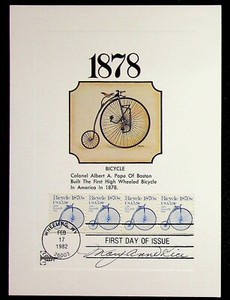 1878 Albert Pope Bicycle First Day Issue Artist Signed Card Mary Anne Rice 1982