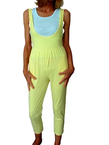 Vtg 80s Womens M Jumpsuit Bib Romper Yellow bodysuit Long Pants Knit Catsuit New - Picture 1 of 4