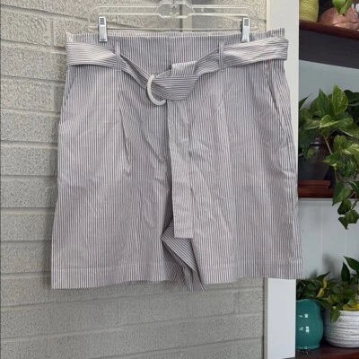 Pantalones Cortos Lafayette 148 Talla 14 Tostado Crema Rayas Cinturón Algodón Plisado Cintura Alta Foto 1 de 4