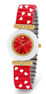 Heart Printed Stretch Band Watch Red Dial Faux Marble Bezel Watch - Picture 1 of 1