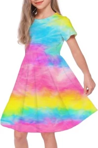 Girls Tie Dye Dress Clothes Kids Short Sleeve School Twirly Skater Dress Size 6  - Picture 1 of 6