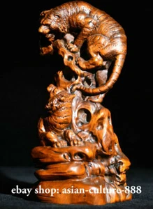 7" Old Rare China Boxwood Wood Carving Fengshui Two Tiger Beast Mountain Staue - Picture 1 of 9