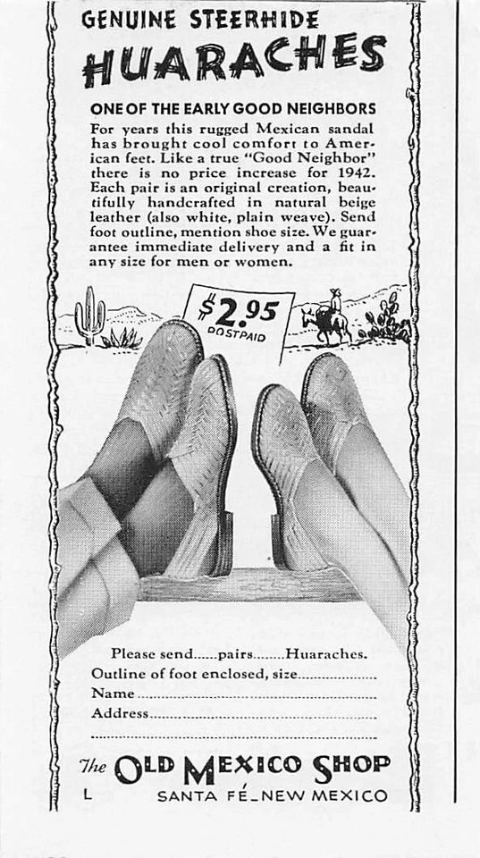 Huaraches Sandals Print Ad Vintage Advertisement Santa Fe New Mexico NM 1942 - Image 1 of 1