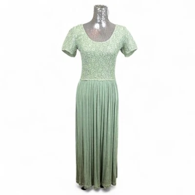 Maxi Vestido Vintage Años 90 Romántico Cottagecore Corpiño Aplastado Slinky XS Verde Salvia Foto 1 de 4