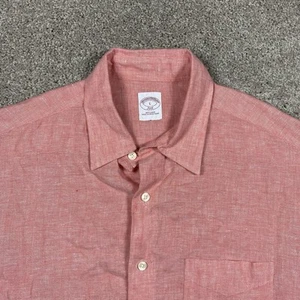 Brooks Brothers Button Up Shirt 100% Linen Men’s Large Pink Salmon Short Sleeve - Picture 1 of 8