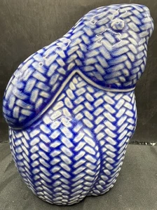 Bunny Rabbit Figurine-Blue and White with Herringbone Pattern-6" Signed - Picture 1 of 10