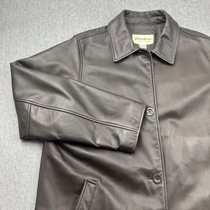 Eddie Bauer Brown Leather Jacket Men’s XL Tall Quilted Liner Heavy Trench Coat - Picture 1 of 17
