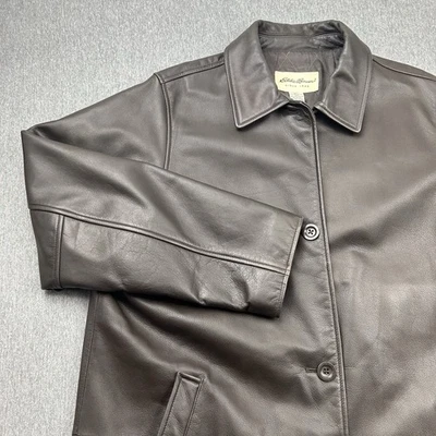 Eddie Bauer Brown Leather Jacket Men’s XL Tall Quilted Liner Heavy Trench Coat - Image 1 of 4