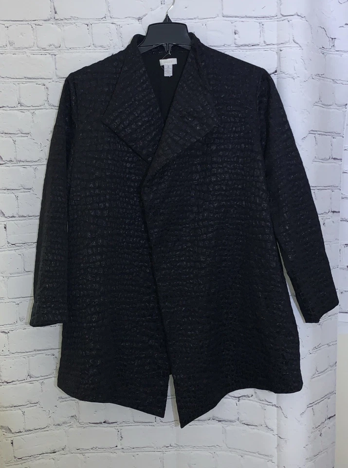 Chaqueta Jacquard Chicos Para Mujer 3 EE. UU. 16 Negra Metálica Texturizada Frente Abierto Topper Foto 1 de 4