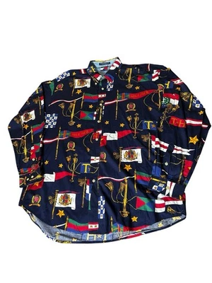 复古 90 年代 Tommy Hilfiger 旗子衬衫 XL 海军蓝长袖纽扣航海 — 第 1/4 张图片