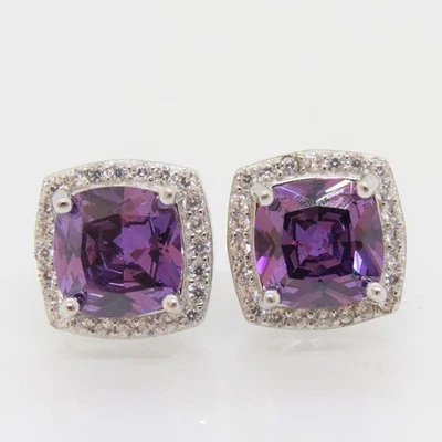 5.60crt Cushion Cut Natural Amethyst Diamond Stud Earring 18K White Gold Plated - Image 1 of 4