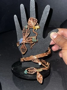 Copper Wired Vine Styled Wrist Cuff-let With Connected Ring Has Various Crystals - Picture 1 of 8