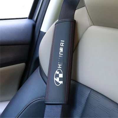 2PC Car Seat Belt Cover Shoulder Pads Protector Black Leather Fit For Hyundai - Image 1 of 4
