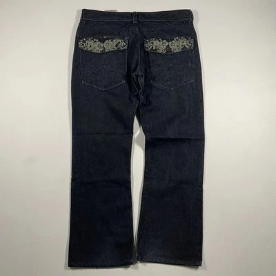 Jean holgado grunge azul oscuro con diseño floral bolsillo trasero etiqueta negra Y2K para hombre 36x31 Foto 1 de 4