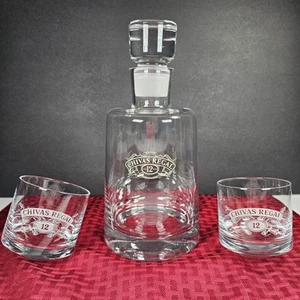 Chivas Regal GLASS DECANTER & 2 Chivas WOBBLE GLASSES - Whiskey / Scotch - EMPTY - Picture 1 of 21