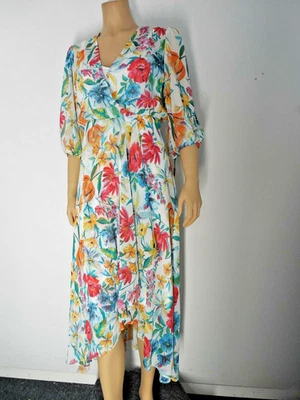 CALVIN KLEIN Dress Maxi Hi Lo sz 4 white multi color floral print faux wrap NWT - Image 1 of 4