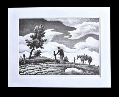 Litografía Thomas Hart Benton The Fence Mender con caballo 1940 Foto 1 de 4