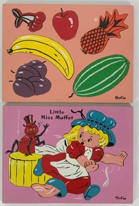 TWO Vintage SIFO Wooden Puzzles LITTLE MISS MUFFET & Fruit WOOD Complete - Picture 1 of 3