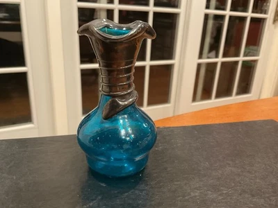 Signed Vtg. Domar Blown Blue Art Glass Bud Vase with Sterling Silver Overlay - Image 1 of 4