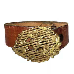 Brutalist Brass Hand Made Buckle with Beige Leather Belt - Picture 1 of 3