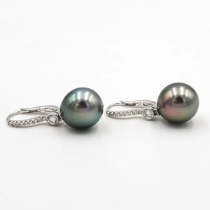 CARTIER 18K White Gold Diamond and Black Cultured Pearl Leverback Earrings - Picture 1 of 5